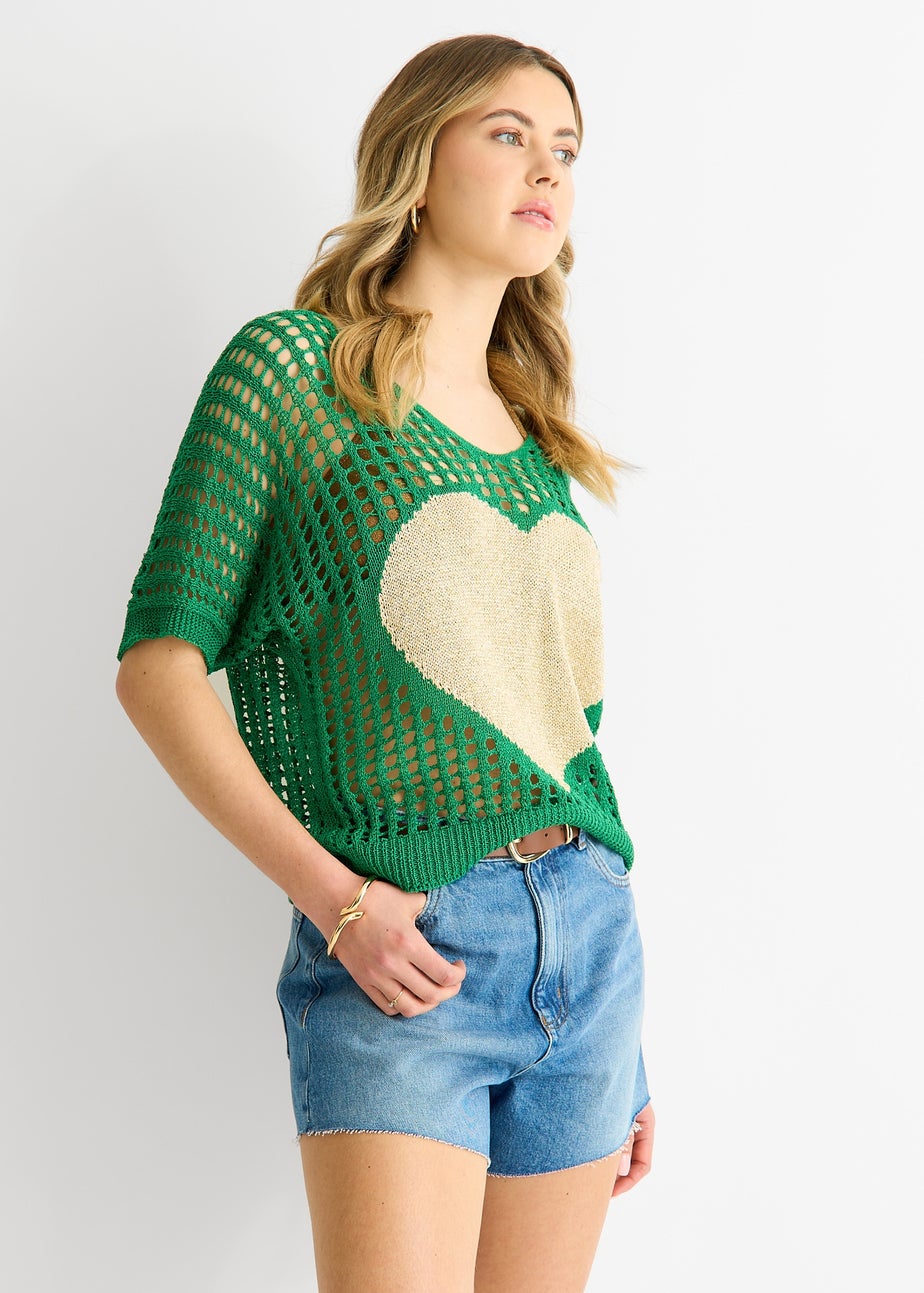 Gini London Green Fish Net Heart Pattern Crochet Top