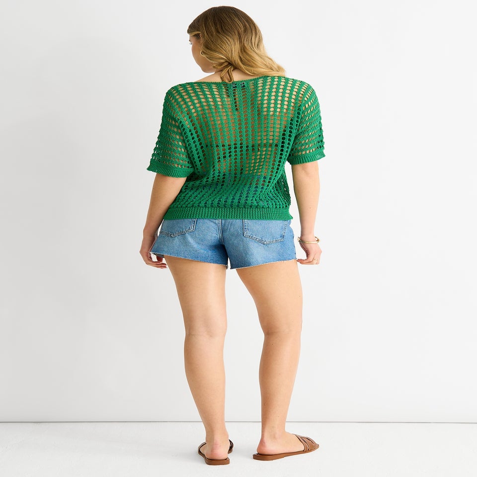 Gini London Green Fish Net Heart Pattern Crochet Top