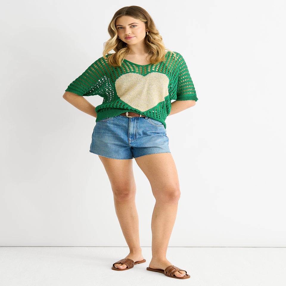 Gini London Green Fish Net Heart Pattern Crochet Top