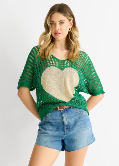 Gini London Green Fish Net Heart Pattern Crochet Top