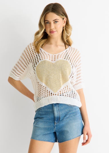 Gini London White Fish Net Heart Pattern Crochet Top
