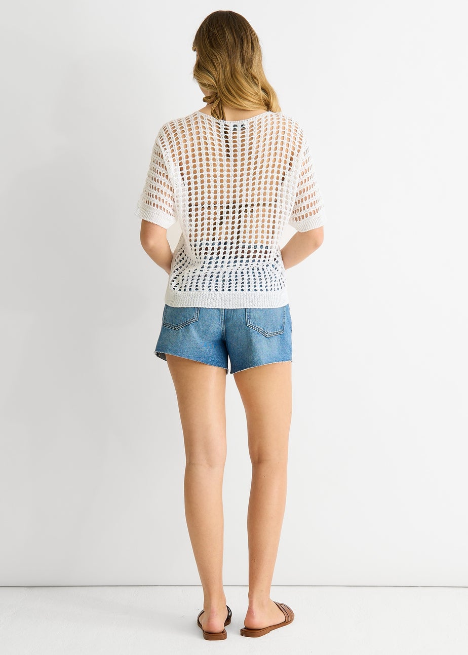 Gini London White Fish Net Heart Pattern Crochet Top