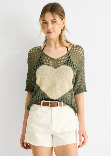 Gini London Khaki  Fish Net Heart Pattern Crochet Top