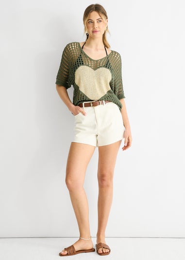 Gini London Khaki  Fish Net Heart Pattern Crochet Top
