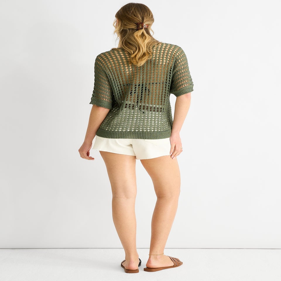 Gini London Khaki  Fish Net Heart Pattern Crochet Top