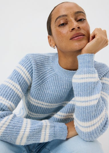 Pale Blue Stripe Ribbed Knit Jumper