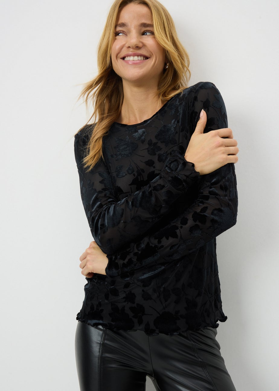 Black Lace Burn Out Fitted Top