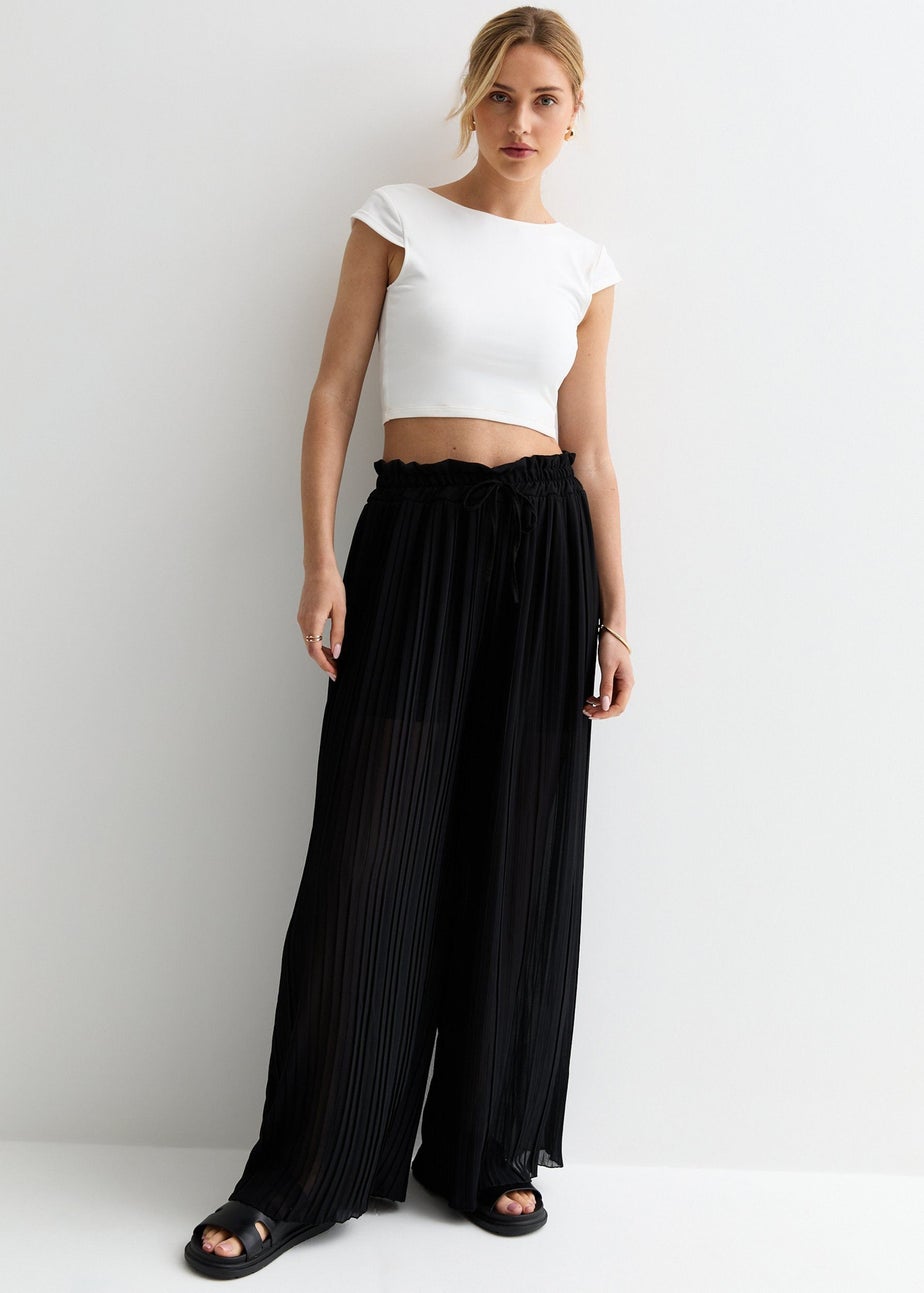 Gini London Black Elasticated Waist Plisse Wide Led Trouser