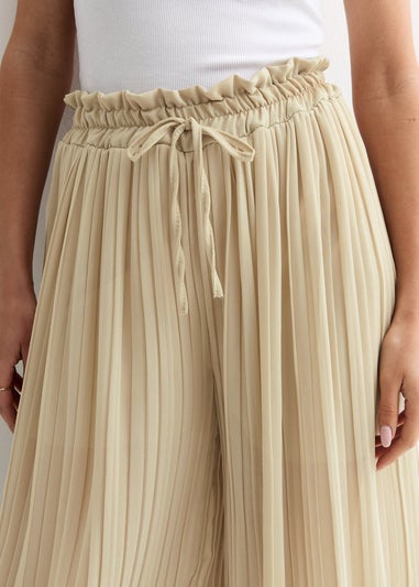 Gini London Beige Elasticated Waist Plisse Wide Led Trouser