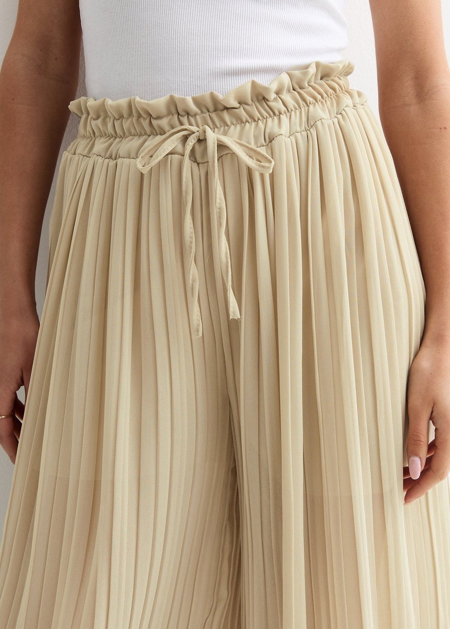 Gini London Beige Elasticated Waist Plisse Wide Led Trouser