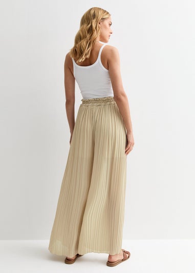 Gini London Beige Elasticated Waist Plisse Wide Led Trouser