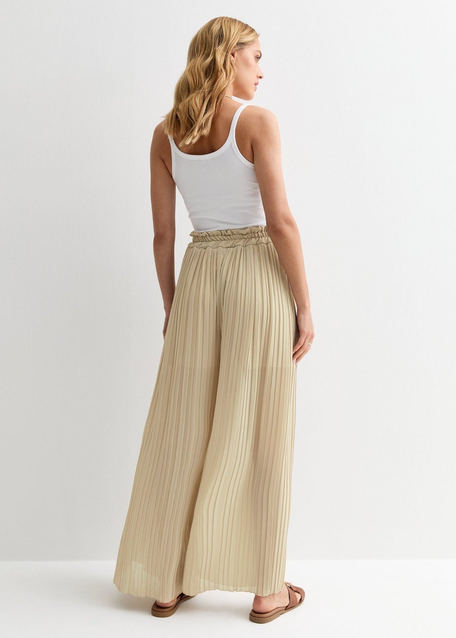 Gini London Beige Elasticated Waist Plisse Wide Led Trouser