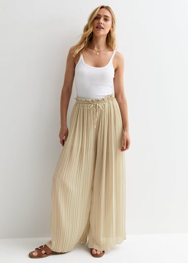 Gini London Beige Elasticated Waist Plisse Wide Led Trouser