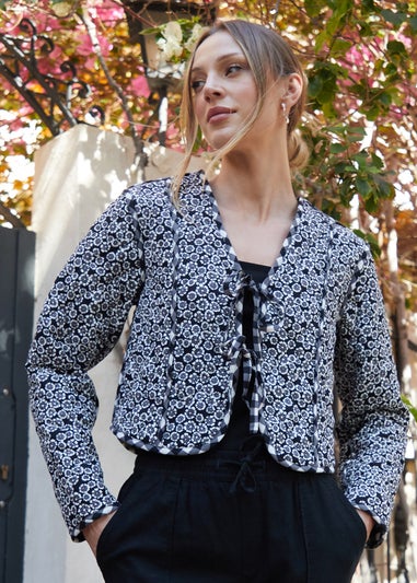 Threadbare Black Floral Tie Front Reversible Quilted Jacket