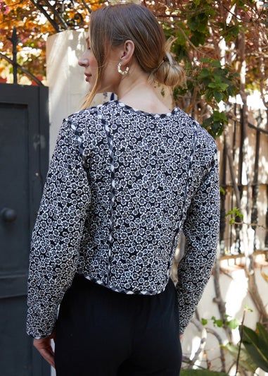 Threadbare Black Floral Tie Front Reversible Quilted Jacket