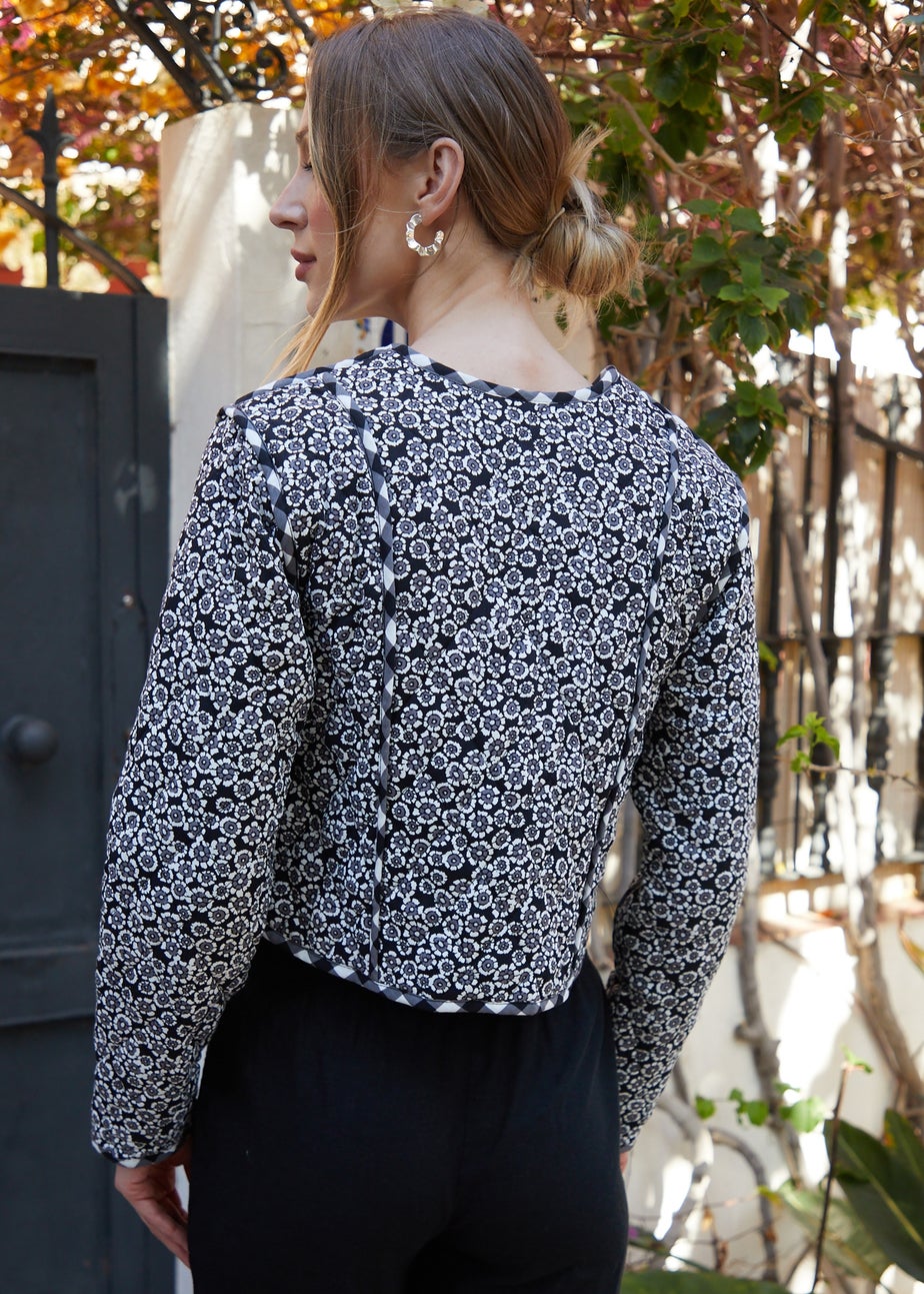 Threadbare Black Floral Tie Front Reversible Quilted Jacket