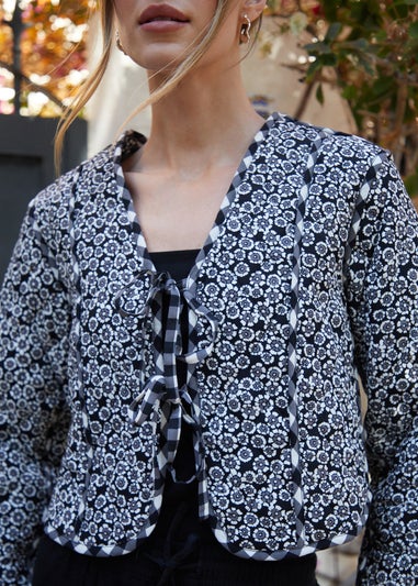 Threadbare Black Floral Tie Front Reversible Quilted Jacket