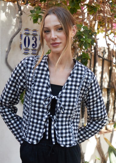 Threadbare Black Floral Tie Front Reversible Quilted Jacket