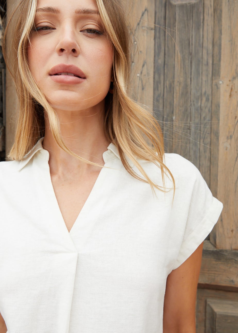 Threadbare White Open Collar Linen Blend Shirt