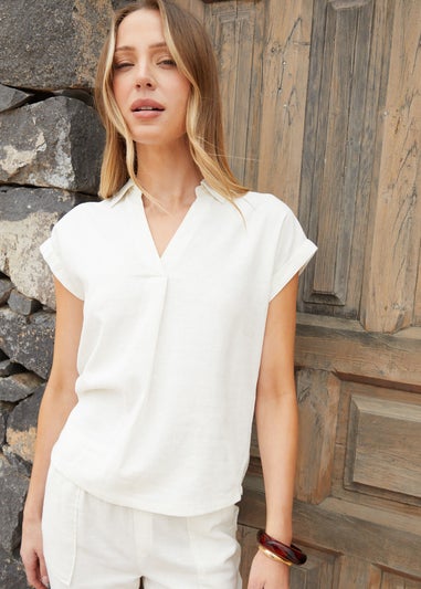 Threadbare White Open Collar Linen Blend Shirt