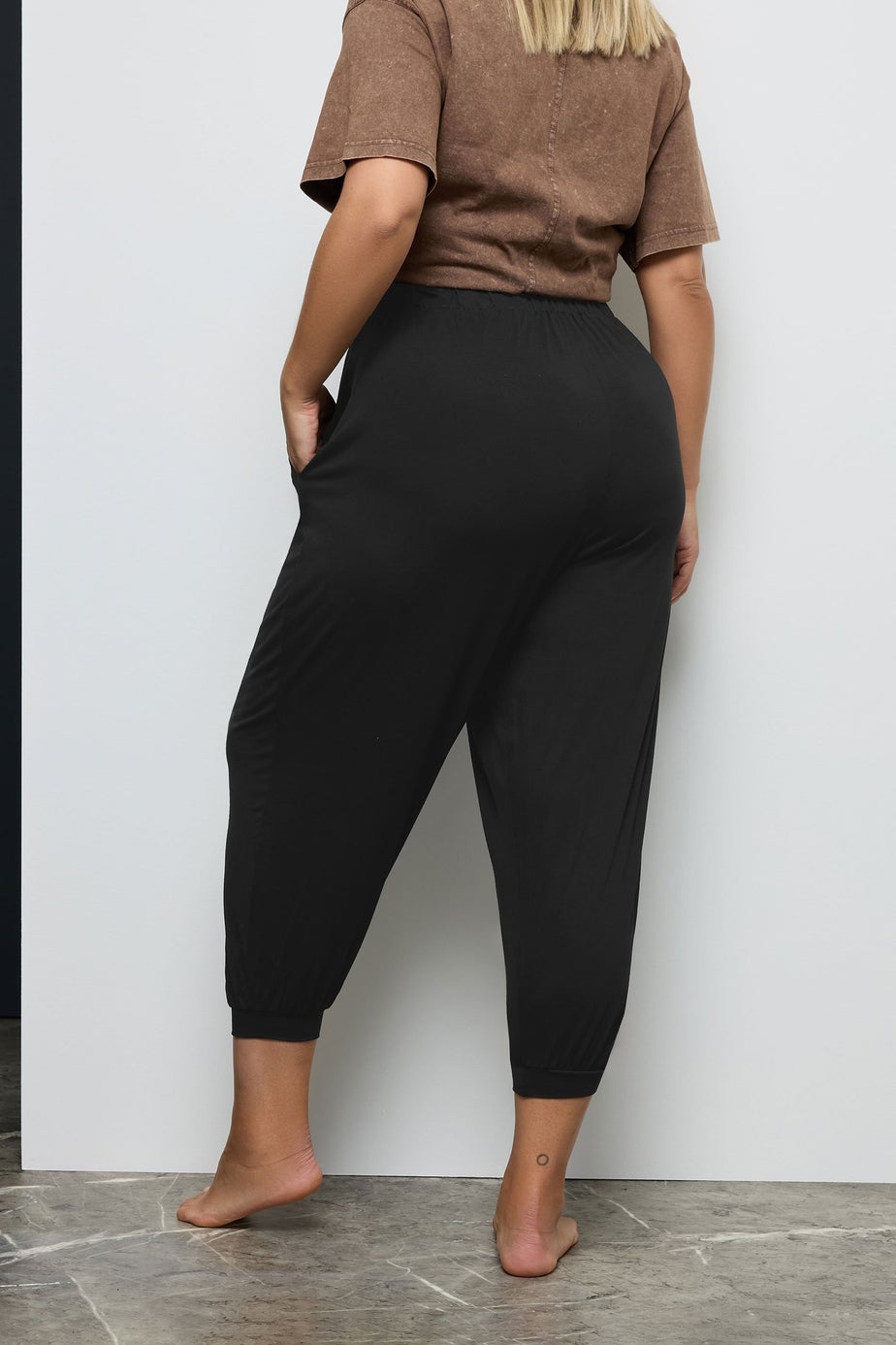 Yours Curve Black Cropped Jersey Harem Joggers