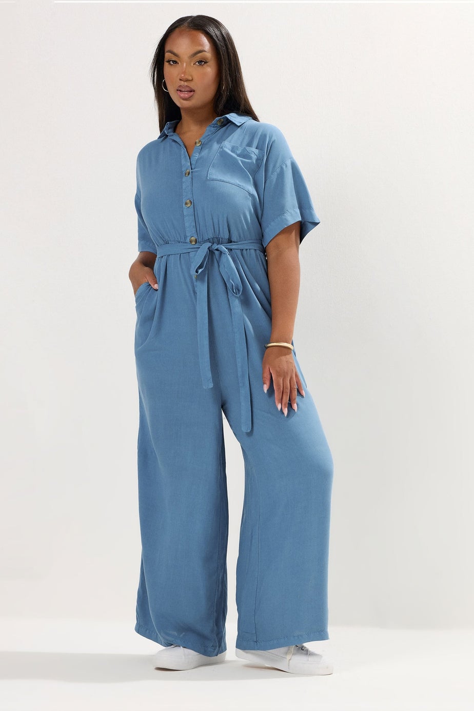 YOURS Curve Blue Wide Leg Chambray Jumpsuit