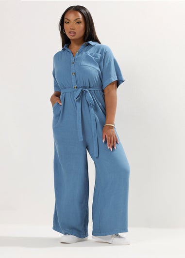 YOURS Curve Blue Wide Leg Chambray Jumpsuit