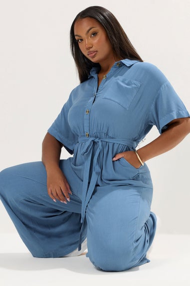 YOURS Curve Blue Wide Leg Chambray Jumpsuit
