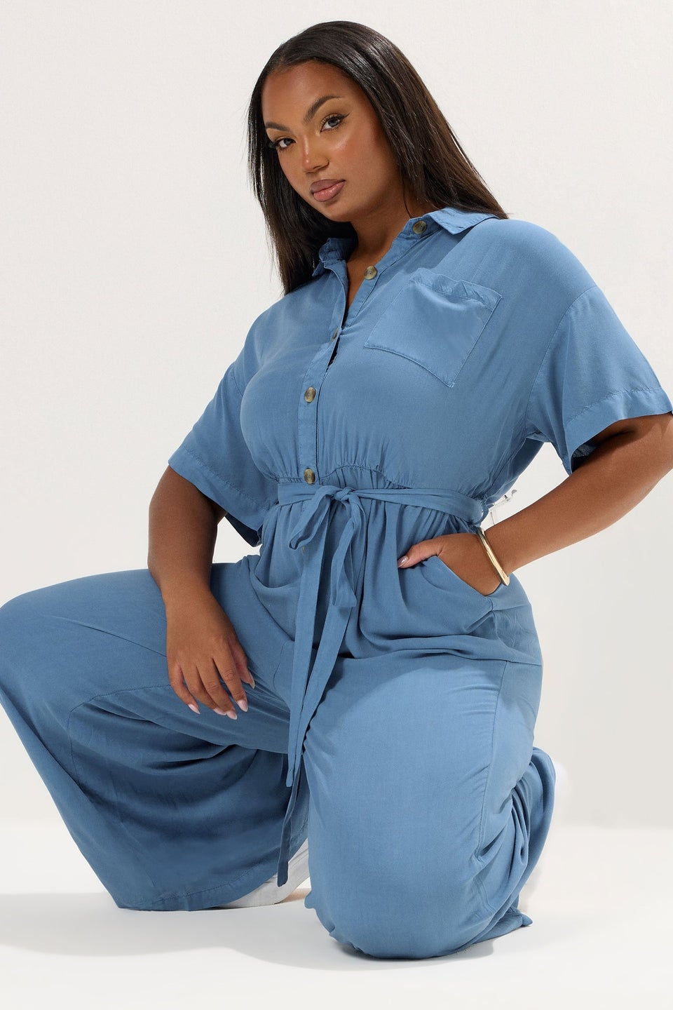 YOURS Curve Blue Wide Leg Chambray Jumpsuit