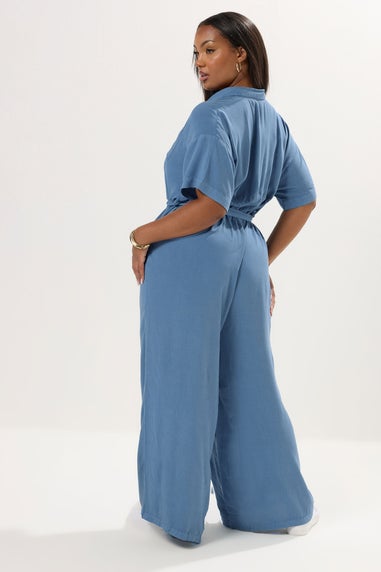 YOURS Curve Blue Wide Leg Chambray Jumpsuit