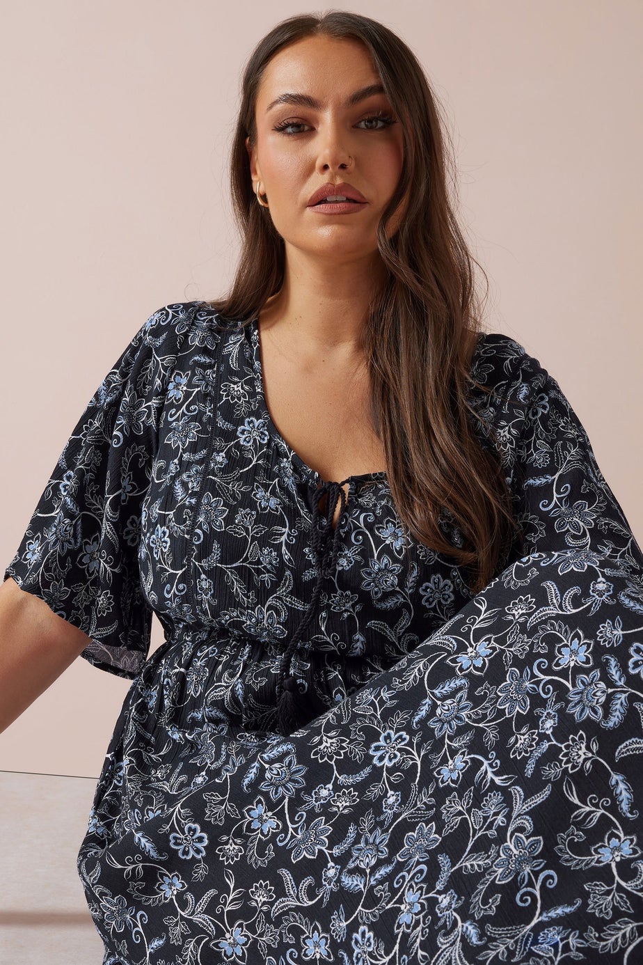Yours Curve Blue Paisley Print Tie Front Maxi Dress