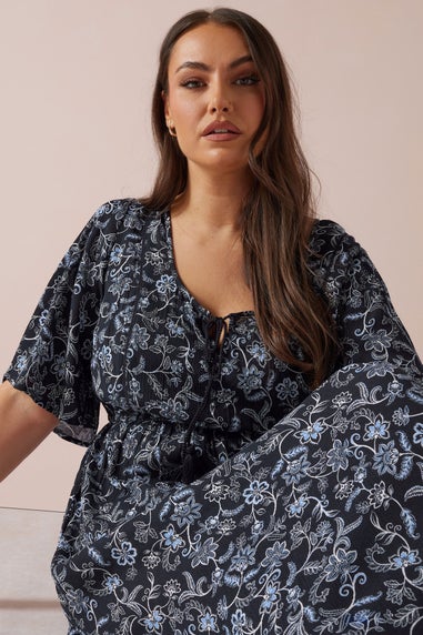 Yours Curve Blue Paisley Print Tie Front Maxi Dress