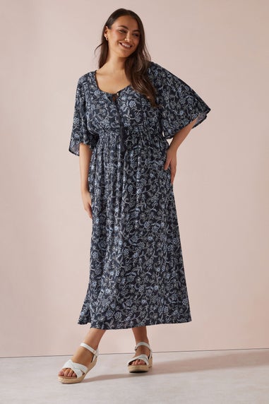 Yours Curve Blue Paisley Print Tie Front Maxi Dress