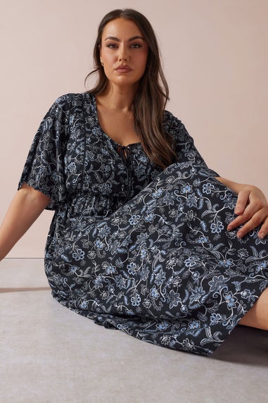 Yours Curve Blue Paisley Print Tie Front Maxi Dress