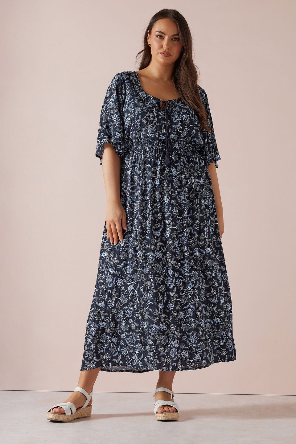 Yours Curve Blue Paisley Print Tie Front Maxi Dress