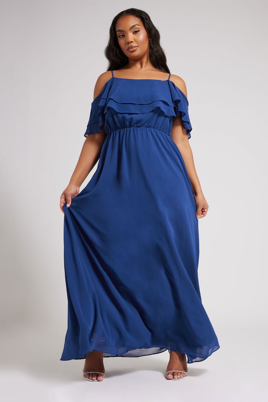 Yours London Curve Cobalt Blue Frill Cold Shoulder Maxi Dress
