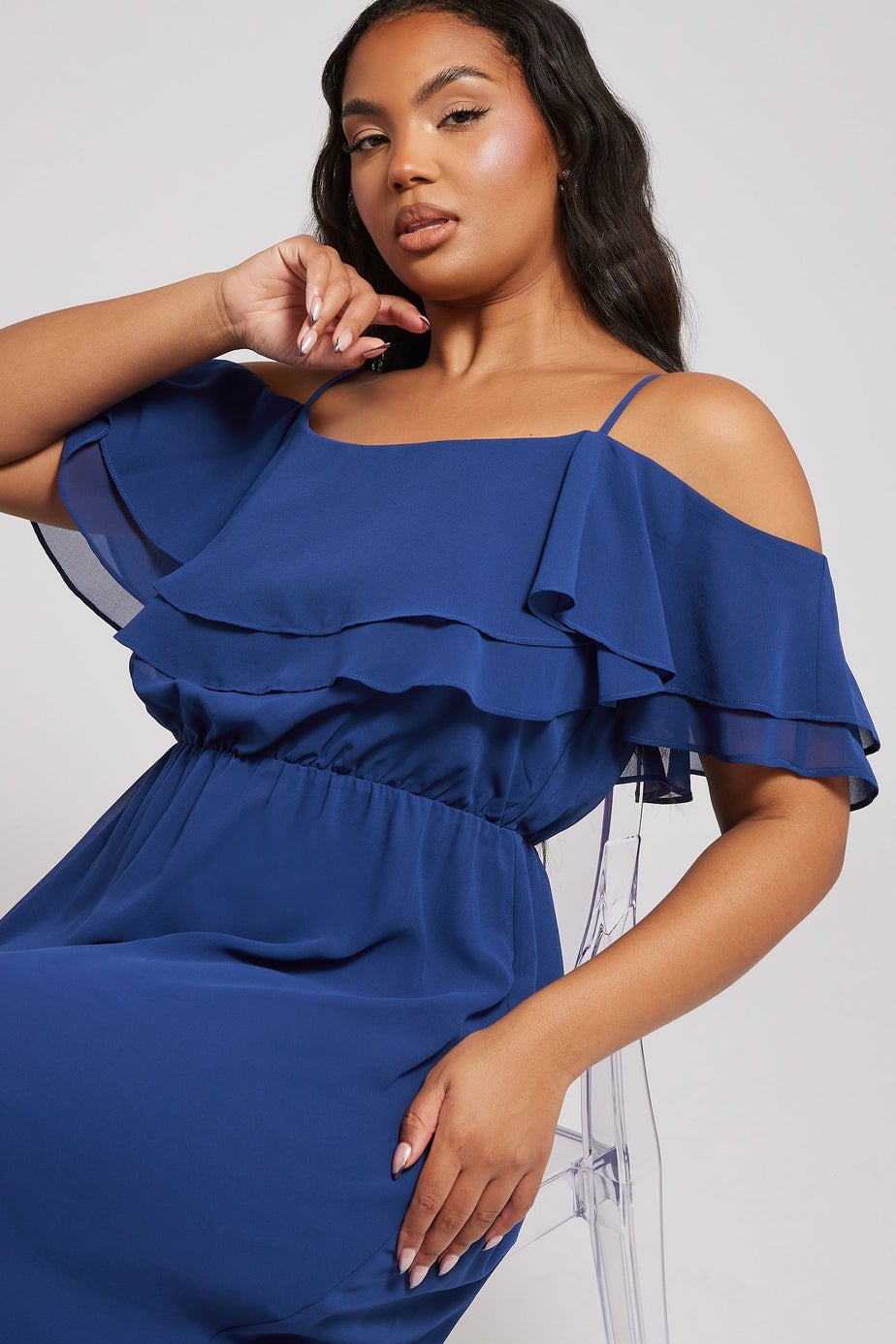 Yours London Curve Cobalt Blue Frill Cold Shoulder Maxi Dress