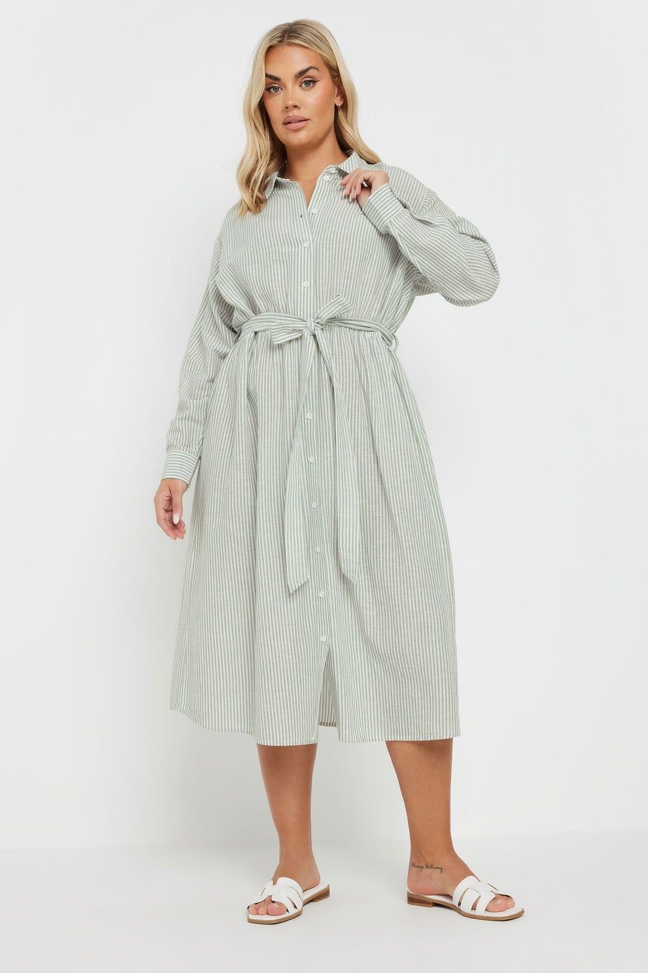 Yours Curve Sage Green Linen Stripe Shirt Dress