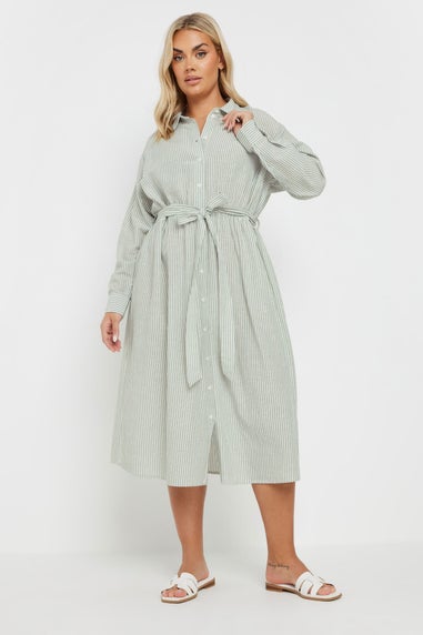 Yours Curve Sage Green Linen Stripe Shirt Dress