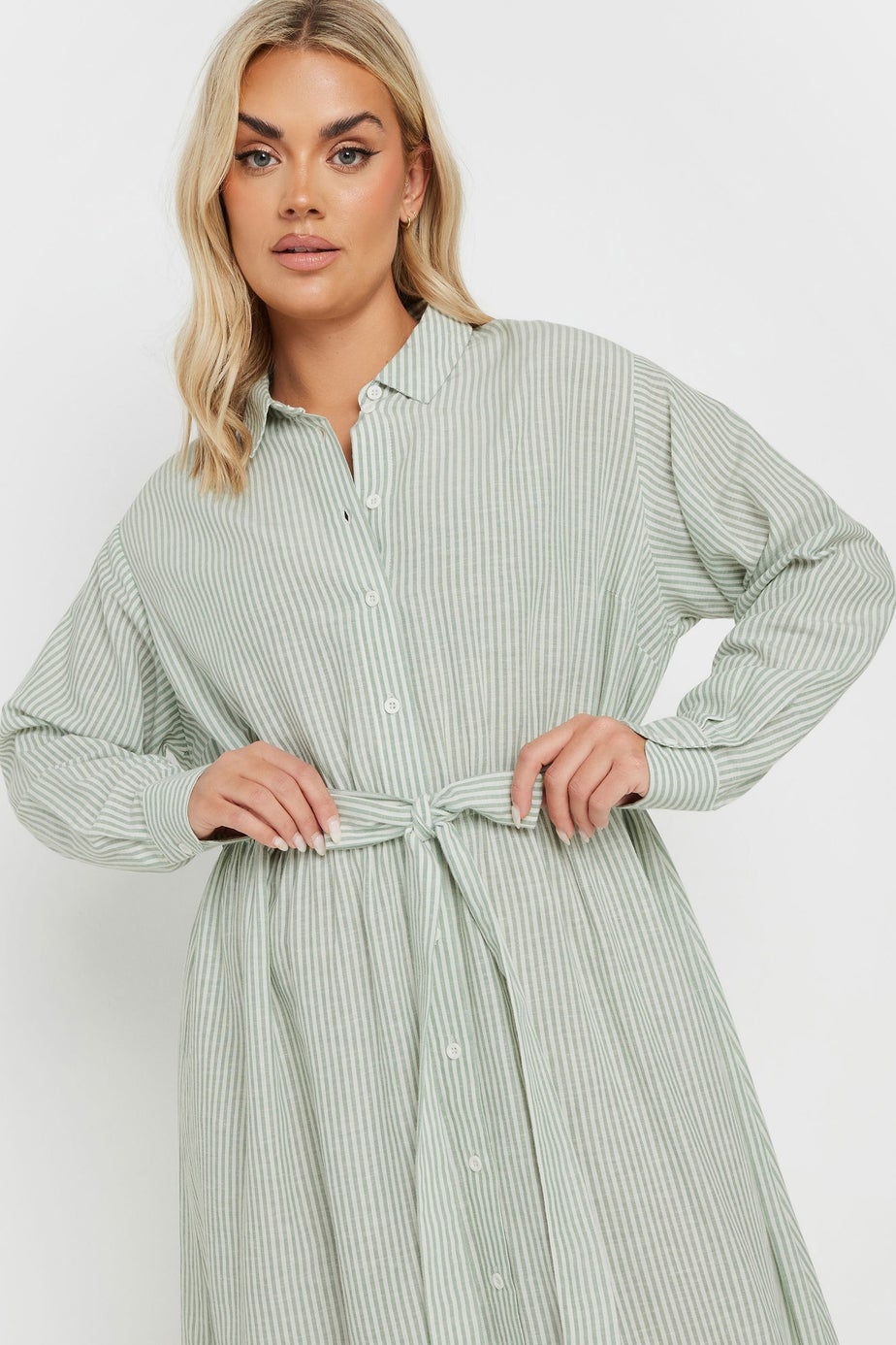 Yours Curve Sage Green Linen Stripe Shirt Dress