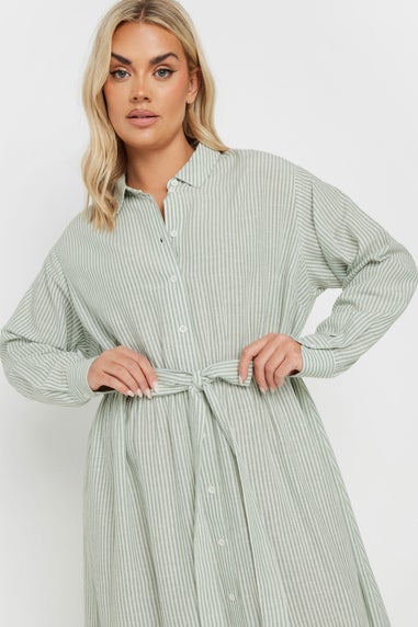 Yours Curve Sage Green Linen Stripe Shirt Dress