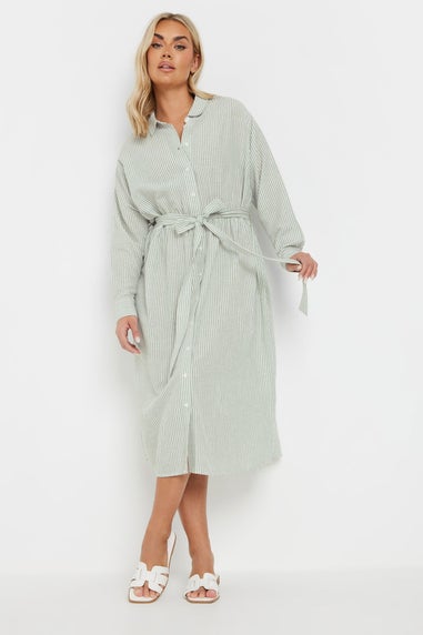 Yours Curve Sage Green Linen Stripe Shirt Dress