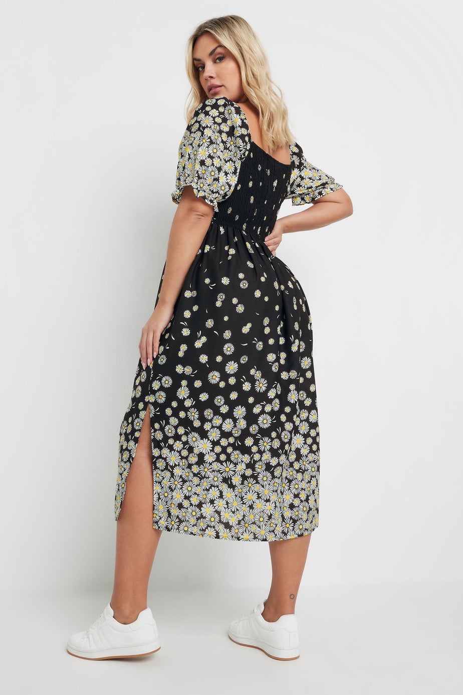 Yours Curve Black Daisy Print Shirred Midi Dress