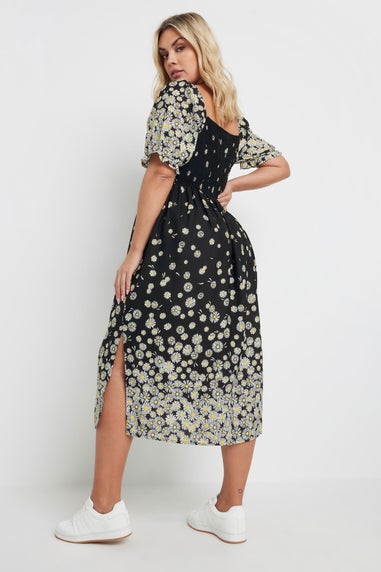 Yours Curve Black Daisy Print Shirred Midi Dress