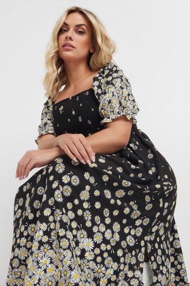 Yours Curve Black Daisy Print Shirred Midi Dress