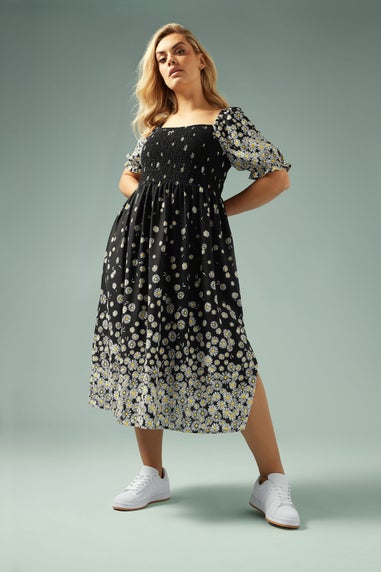 Yours Curve Black Daisy Print Shirred Midi Dress