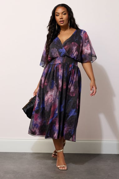 Yours London Curve Purple Abstract Metallic Print Midi Dress