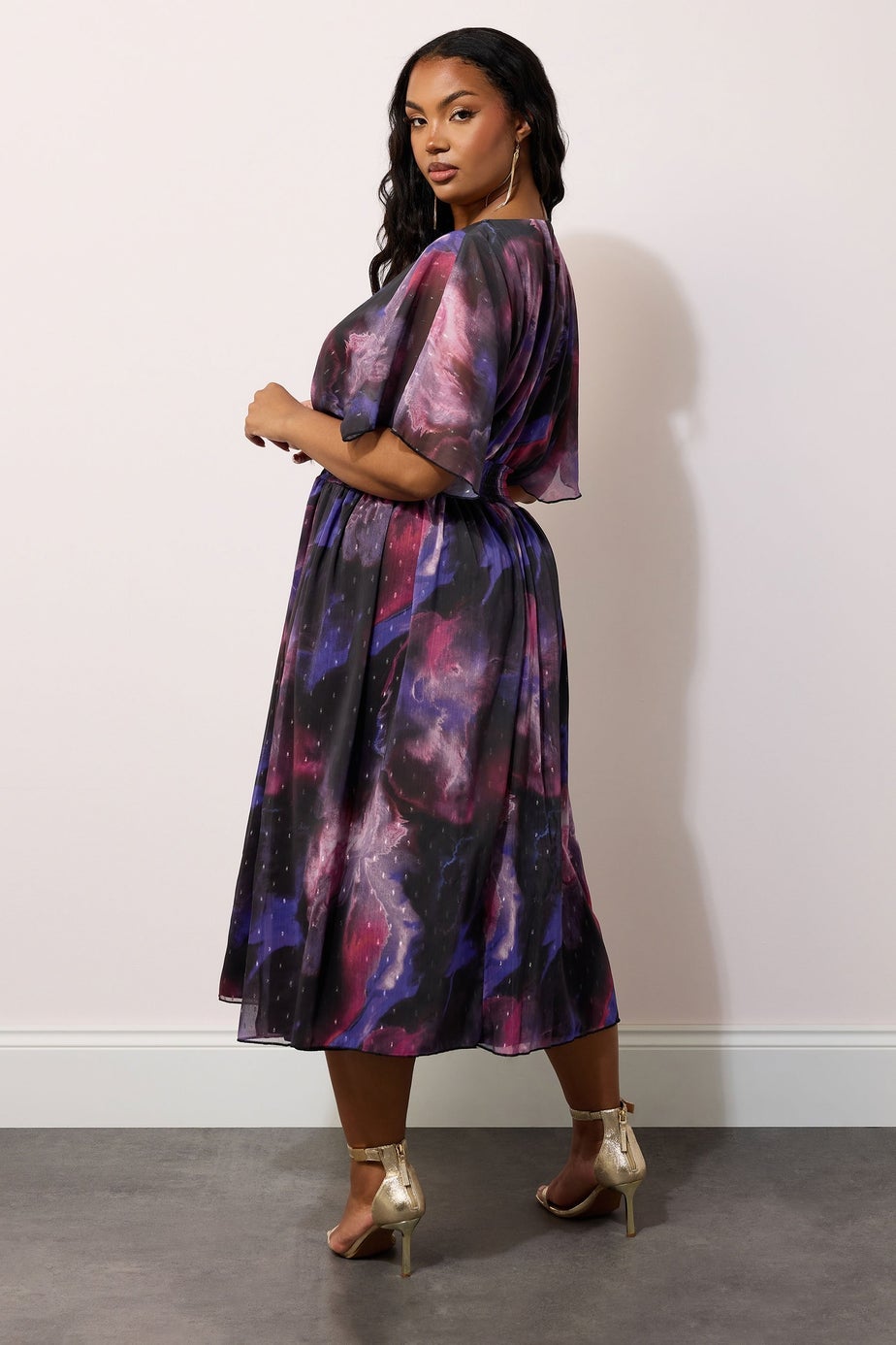Yours London Curve Purple Abstract Metallic Print Midi Dress