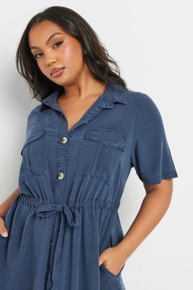 Yours Curve Blue Tie Waist Chambray Shirt Dress