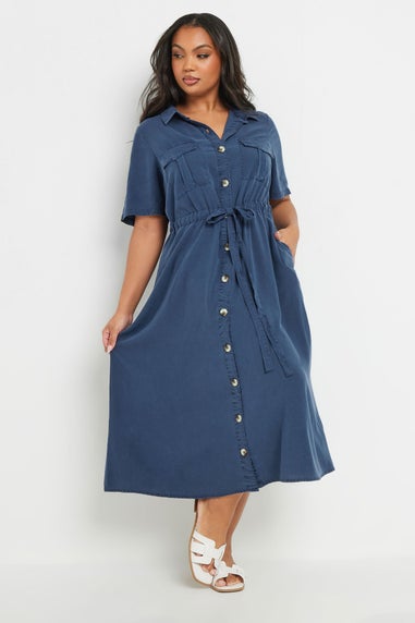 Yours Curve Blue Tie Waist Chambray Shirt Dress